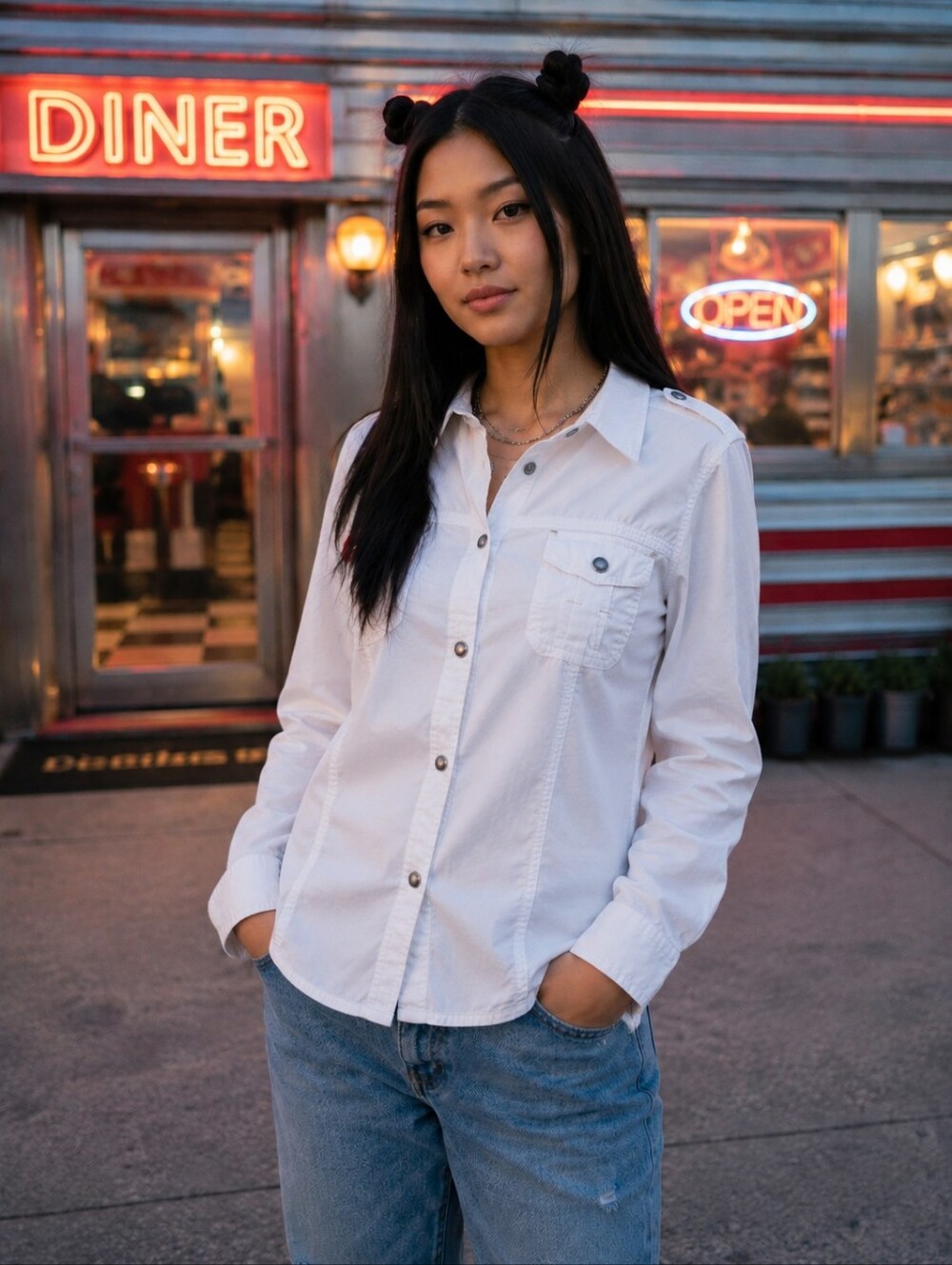 Eddie Bauer White Long-Sleeve Button-Down Shirt with Chest Pocket